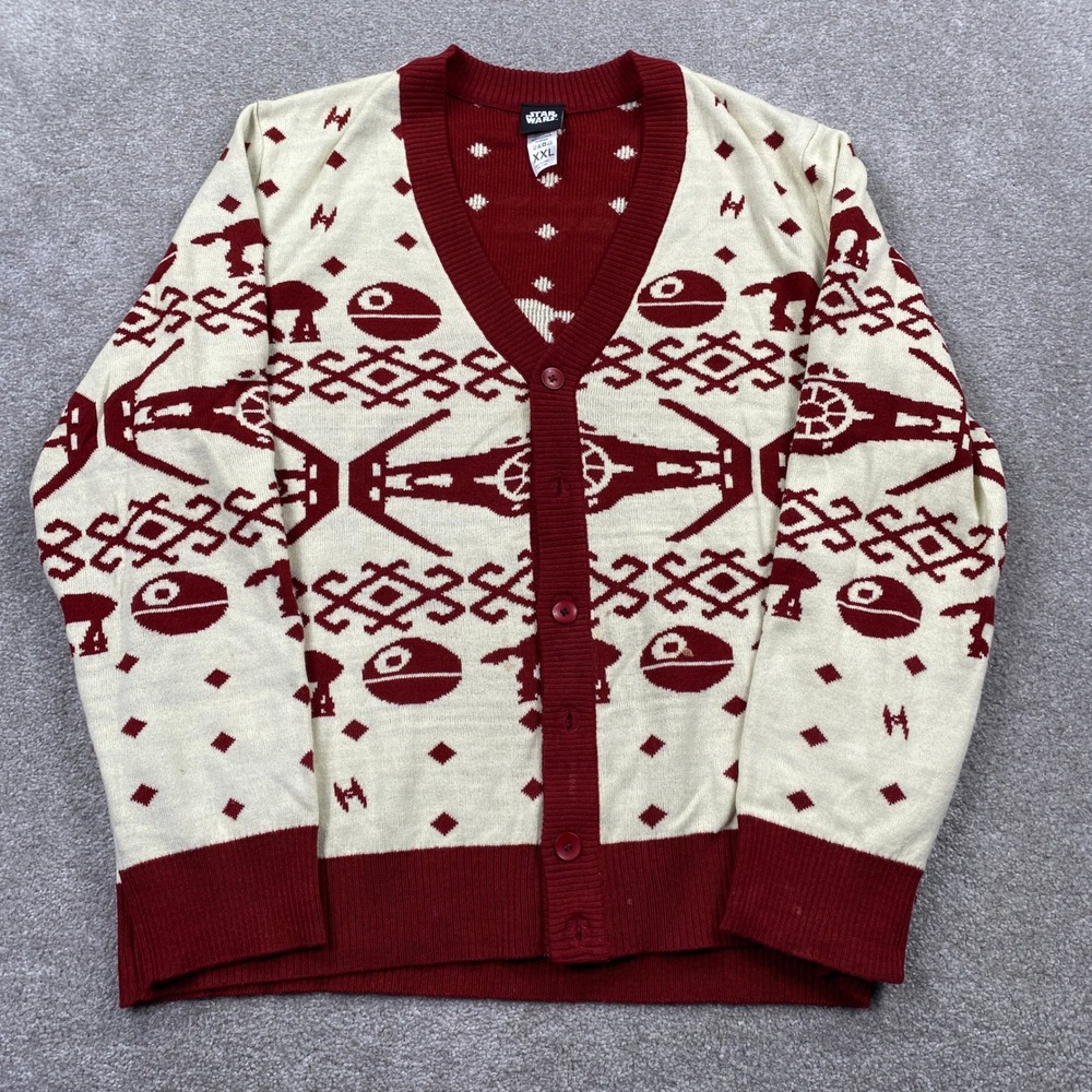 Star Wars Cardigan Sweater Mens XXL Burgundy Cream Death Star AT-AT Knit